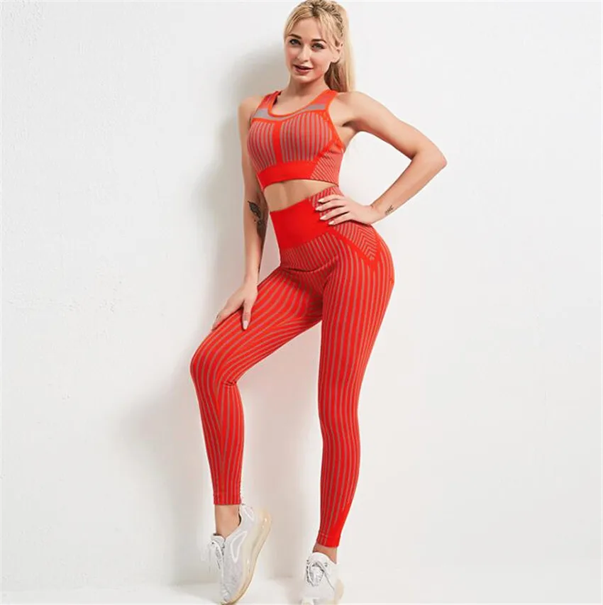 

Stripe 2021 Seamless Yoga Set Women Fitness Clothing Sportswear Gym Leggings Pad Push up Strappy Sports Bra 2 Pcs Sports Suits
