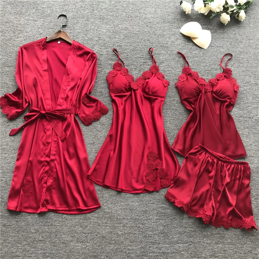 

15Style Women Sleepwear Home Wear Lace Solid Long Sleeve Silk Embroidery Satin Clothing Sleeveless Nightwear Pajama Sets