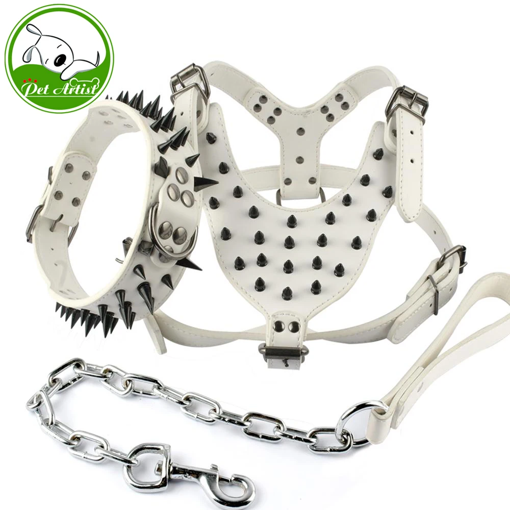 

Black Spikes White Leather Dog Harness Collar and Leash Set Heavy Duty For Boxer
