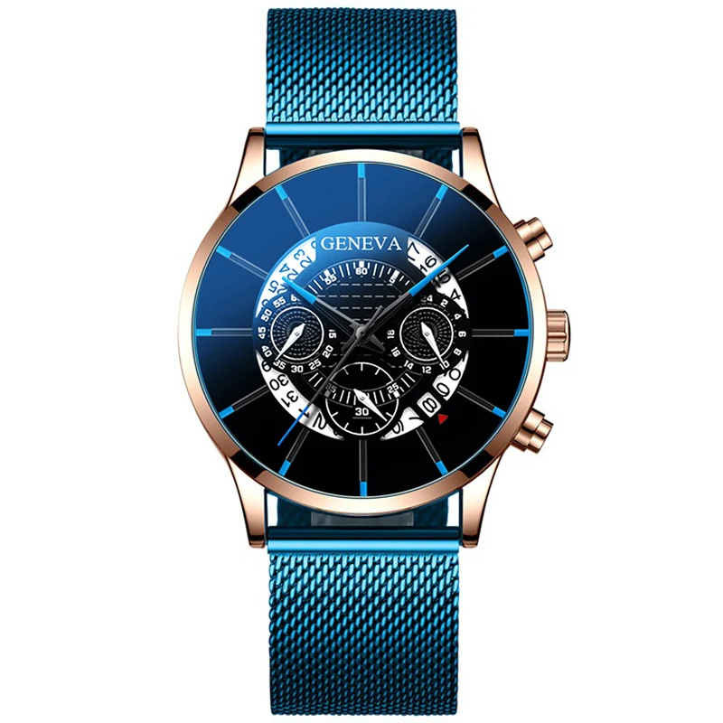 M blue rose gold Роскошные мужские часы из нержавеющей стали, часы с датой, кожаный сетчатый ремень, ультра тонкие наручные часы, спортивные деловые мужские часы, Relojes Masculino - Цвет: M blue rose gold