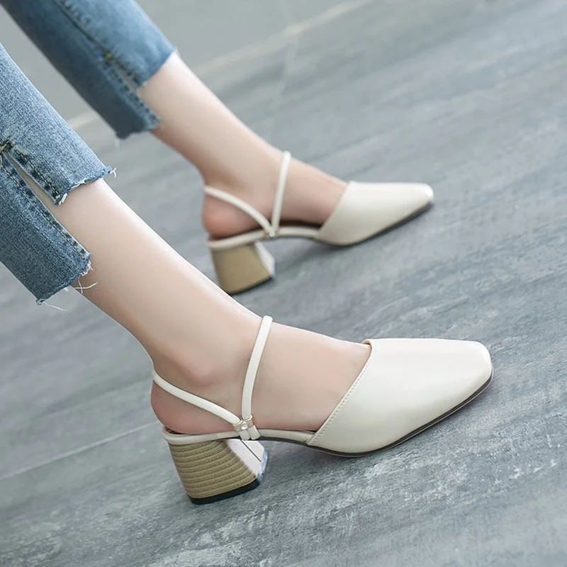 

new women's sandals fashion one shoe two wear square head thick heel sandals women's Square heel women's half Trailer