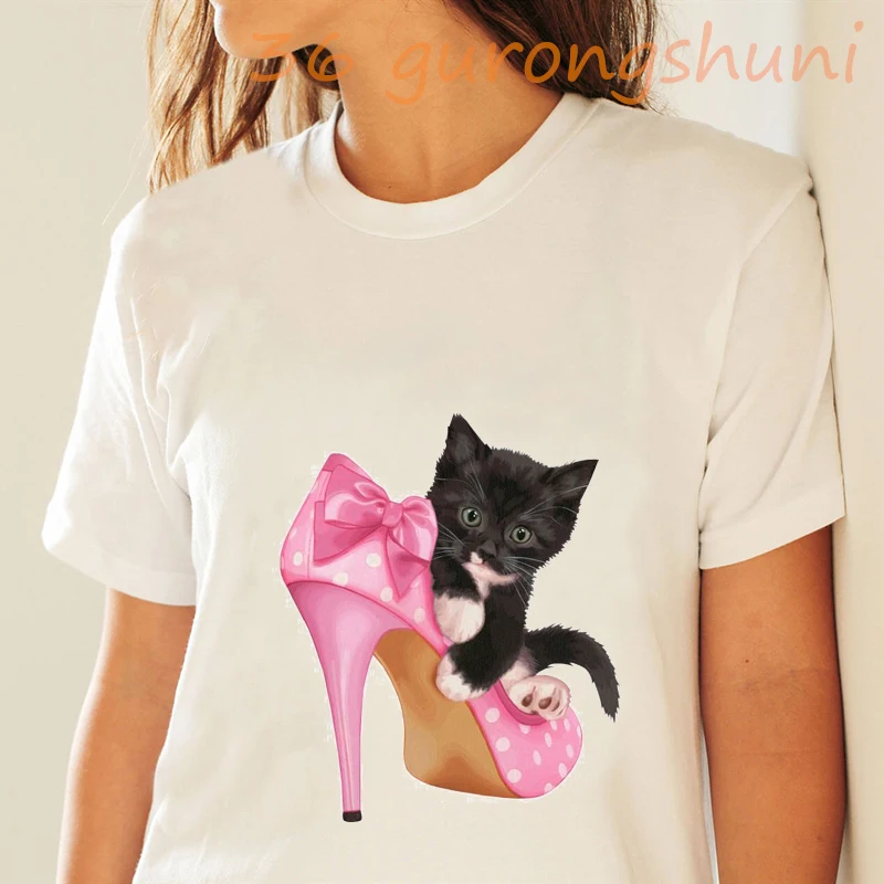 

high heels shoes animal print funny t shirt women cat lover short sleeve femme tops tees tumblr basic Cartoon tshirt harajuku