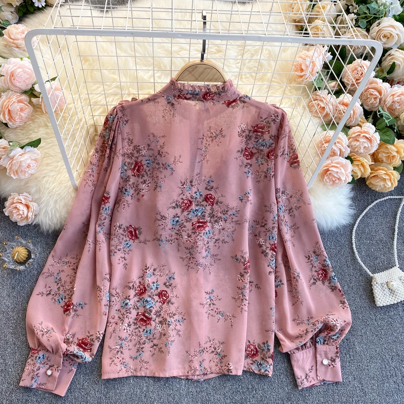 

YIZZHOY Summer New Lantern Sleeve Single Breasted Printing Chiffon Shirt Office Lady Elegant Floral Edible Tree Fungus Slim Tops
