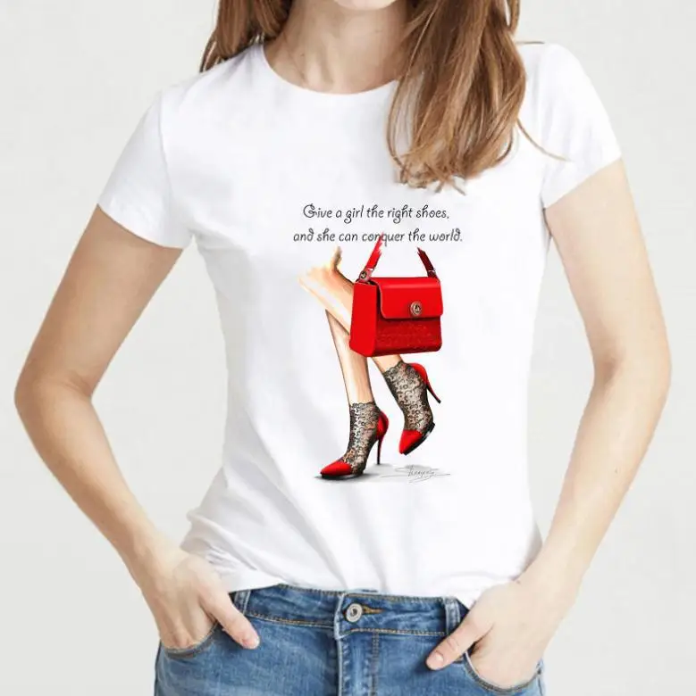 

Новые женские летние свободные акварельные модные футболки с принтом на высоком каблуке, женские футболки, повседневные женские футболки, ...