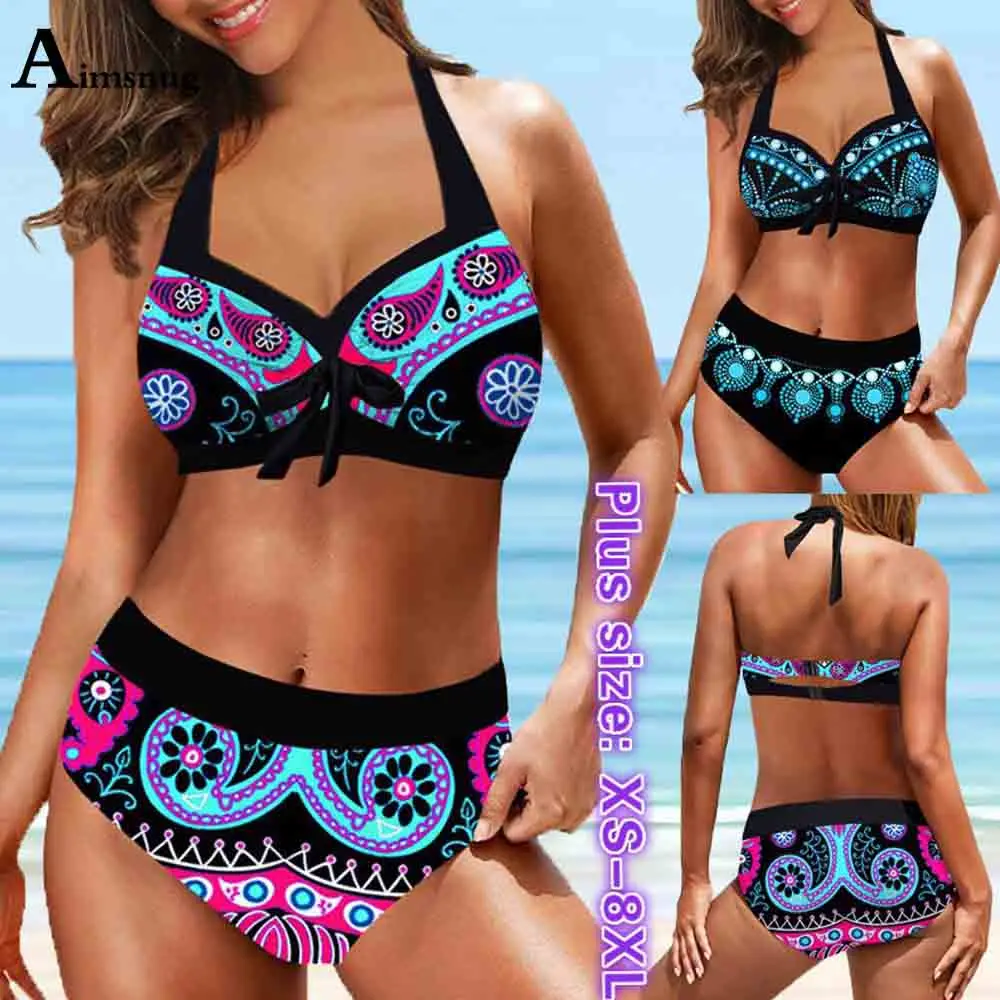 

Plus Size 4xl 5xl Women Halter Bikini Sets Printed Swimsuit Sexy Femme Push Up Two Pieces Swimwear 2021 New Bow Tie Bathing Suit