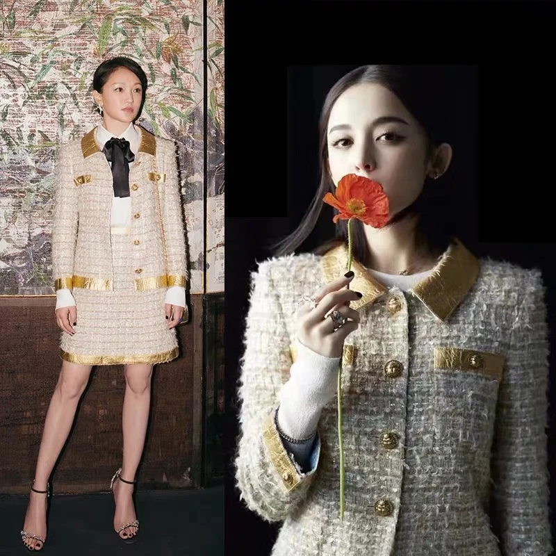 Египетская коллекция роскошный твидовый пиджак с золотым кожаным воротником