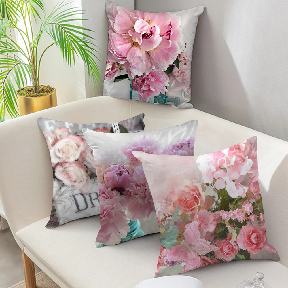 

Fuwatacchi Pink Cushion Covers Beautiful Flower Pillowcases Cotton for Bedroom Sofa and Chair Decorative Pillow Covers 45*45