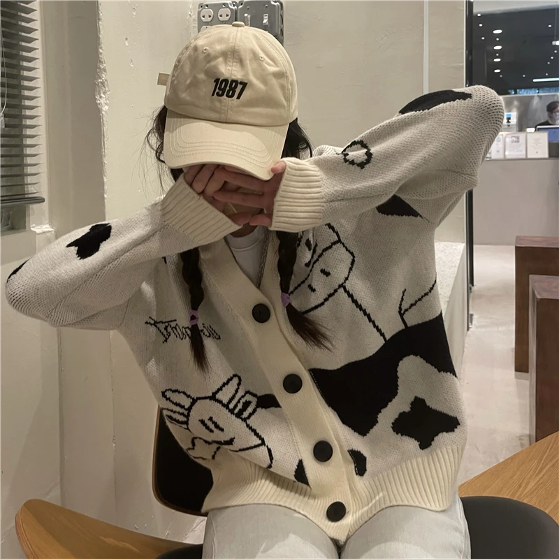 

Cartoon Sweater Knitted Women's Cardigans Autumn And Winter Sweaters Long Sleeve Korean Style Tops Coat Women Kardigan 2021