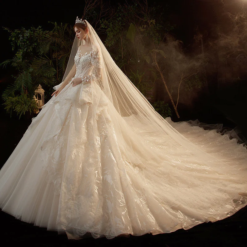 Великолепные Роскошные свадебные платья с круглым вырезом иллюзия длинным