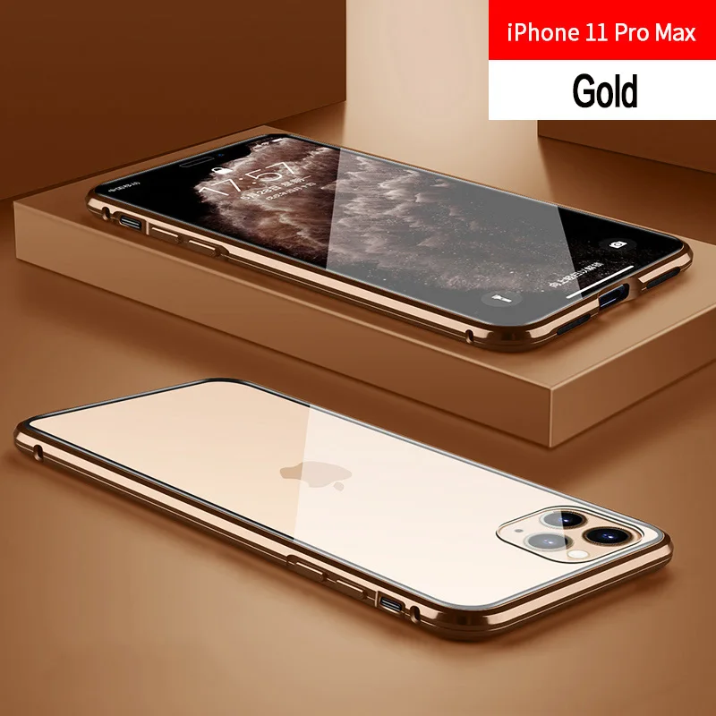 Магнитный чехол для iPhone 11 X Xr Xs Max 6 6s 7 8 Plus, противоударный чехол для iPhone 11 Pro Max, задняя крышка из закаленного стекла - Цвет: Золотой