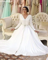 pure white evening dress satin a line sweep train long sleeves v neck simple lace applique for wedding party prom dress vestidos