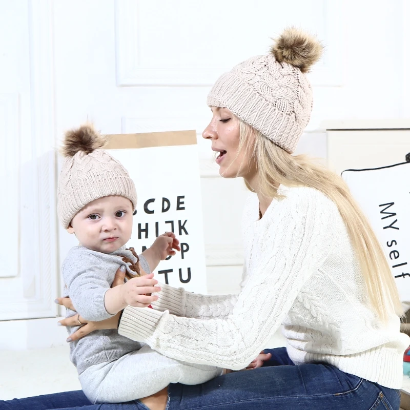 

2Pcs Mother Kid Baby Child Hats Warm Winter Knit Beanie Cute Winter Mom Baby Hats Crochet Hats
