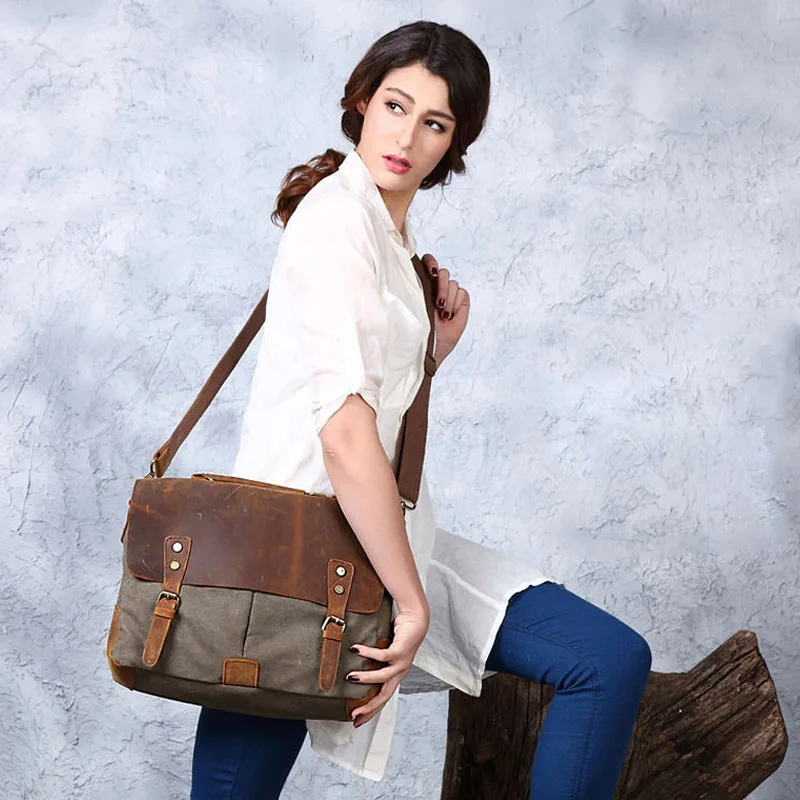 Мужские Винтажные Вощеные холщовые кожаные сумки мессенджеры для ноутбука