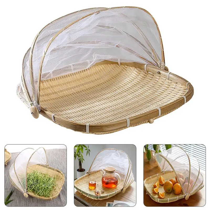 Handmade Wicker Basket With Gauze Bamboo Tray Fruit Vegetable Storage For Kitchen Picnic Food Dust-Protection |
