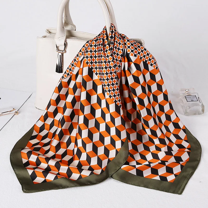 

2021 New Diamond Lattice Scarf Simulation Silk Square Scarf 70cm Professional Scarf Decoration Wild Silk Scarf Spring and Autumn
