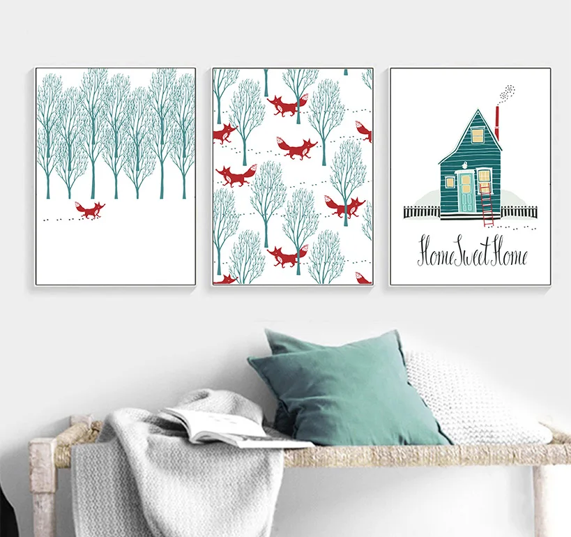 Настенные забавные постеры с изображением леса красной лисы Мультяшные картинки