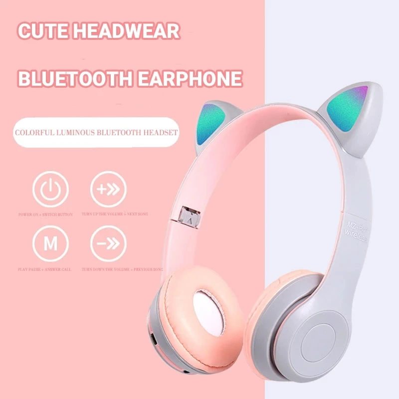 Auriculares inalámbricos con orejas de gato Kawaii, audífonos estéreo luminosos con Bluetooth montados en la cabeza, universales, para teléfono, tableta y portátil