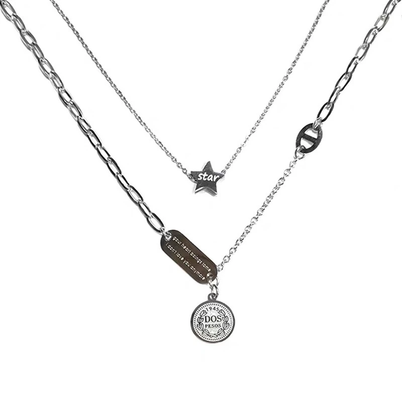 

POTCET Women's Stainless Steel Double Five-pointed Star Titanium Steel Necklace Pendant Geometric Fashion Hip Hop Party Jewelry