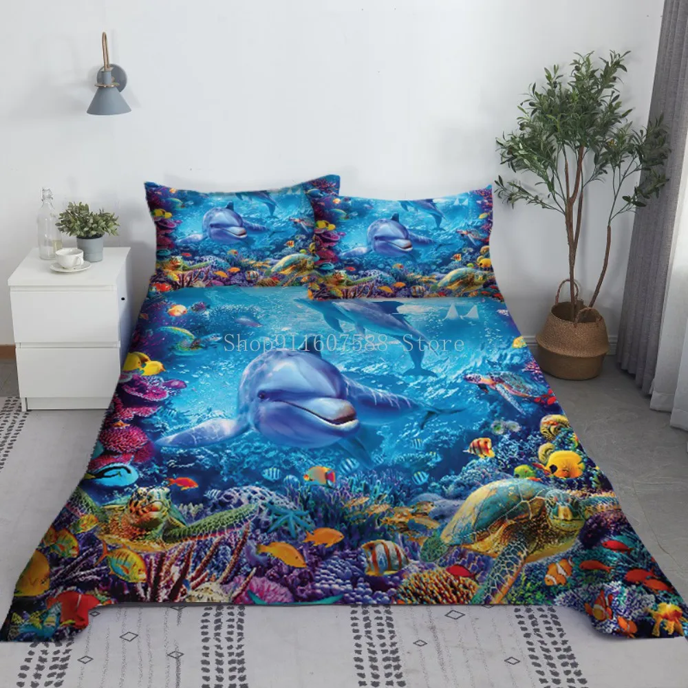 

Marine Life Dolphin Printed Polyester Bed Flat Sheet With Pillowcase Cute Bedding For Kids Adults Use 0.9/1.2/1.5/1.8/2.0m