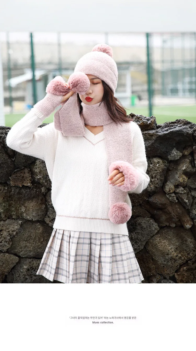 Winter Knitted Wool Hat Scarf Gloves Set Warm Three sets Women Men Plus velvet thickening women ball caps scarf girls
