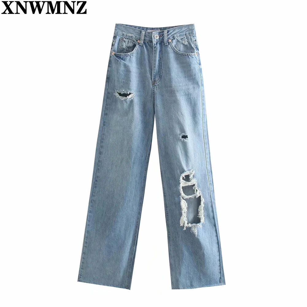 

XNWMNZ New Wome Fashion wide-leg Ripped Jeans Female Chic high-waisted pockts button zip fly full-length pants Lady trousers