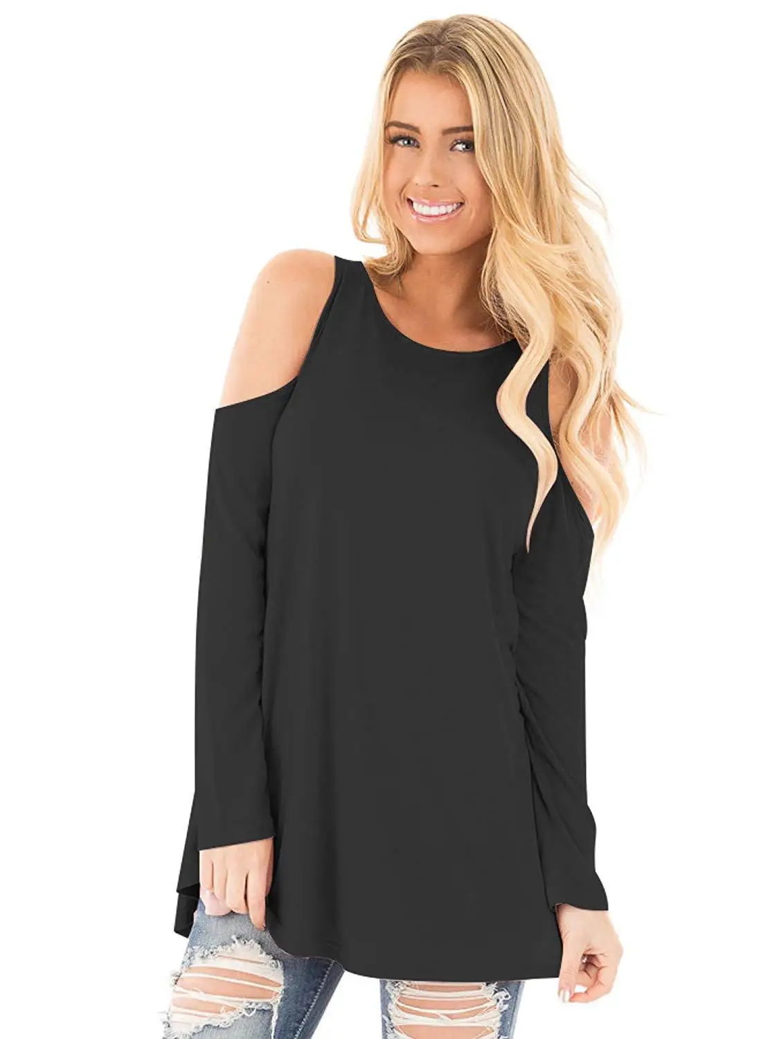 

Casual women's long sleeve off shoulder sexy round neck T-shirt women's top