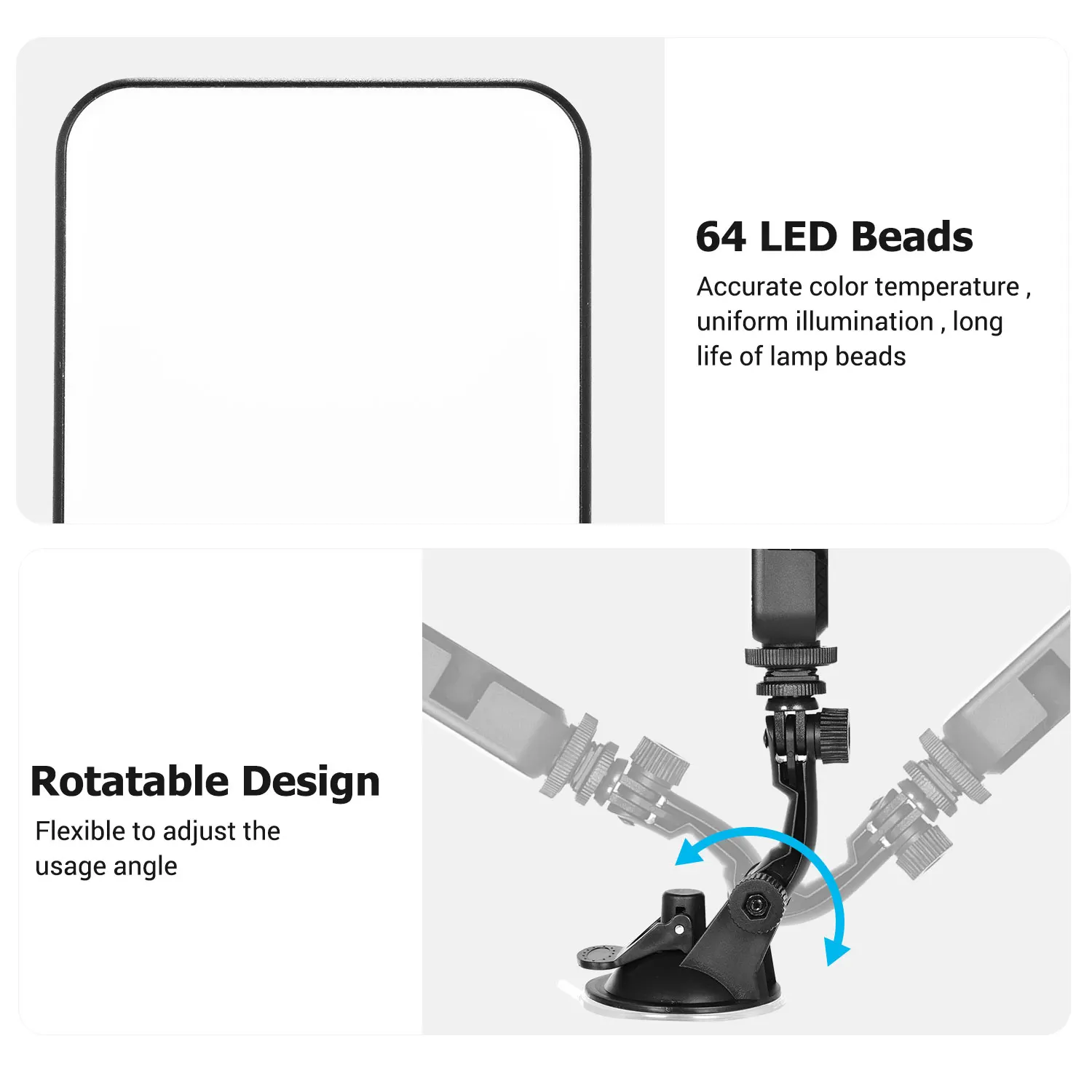 

W64 Video Conference Lighting Kit with 6W LED Light 2500K-6500K Rechargeable 3 Cold Shoes + Suction Cup Mount for Laptop