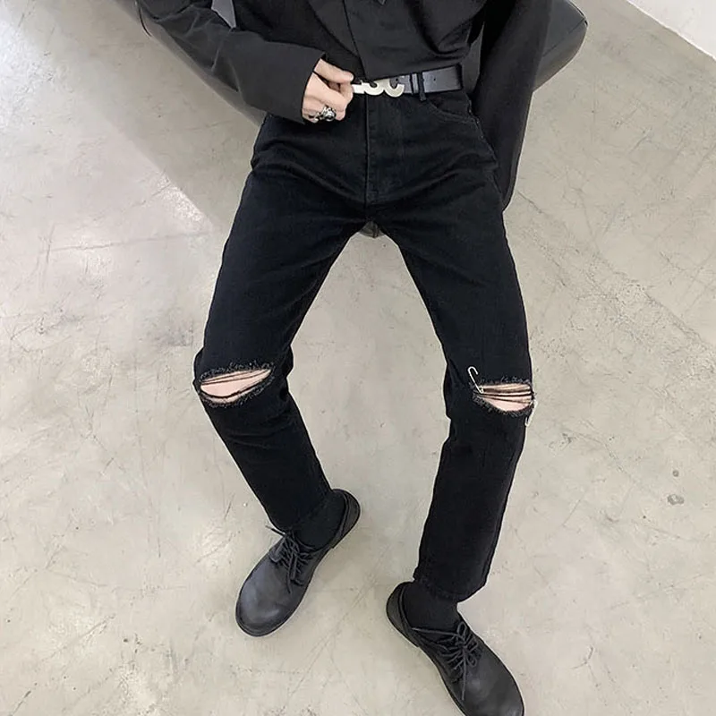 Homens mulheres elаstico buraco quebado magro ajuste preto tornozelo-comprimento denim calça masculina de rua alta хип-хоп панк |