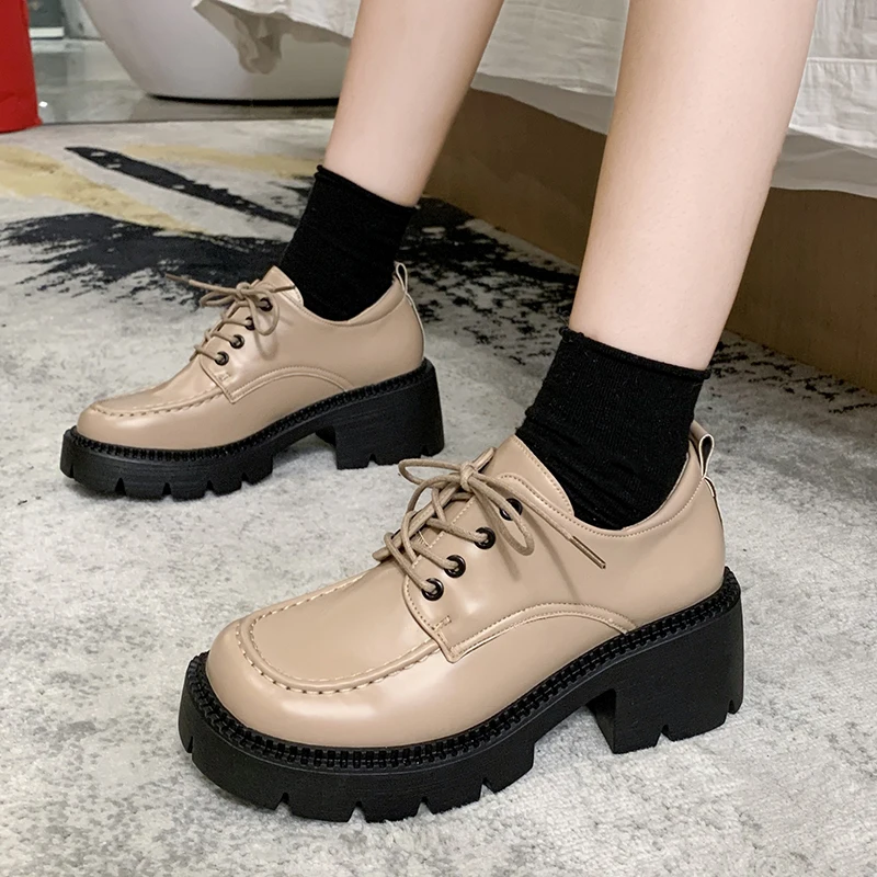 

Rimocy Gothic Lace Up Platform Oxfords Women Black Square Heels Japanese Student Shoes Woman Round Toe Pu Leather Shoes Ladies