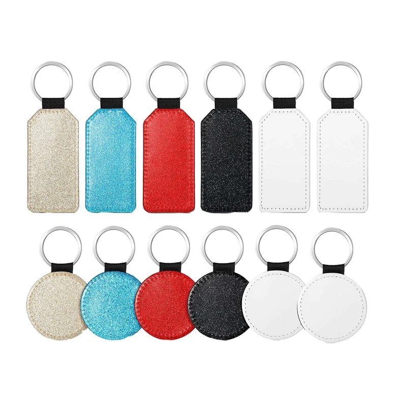 

12Pcs Sublimation Blank Keychain Glitter PU Leather Keychain Heat Transfer Keychain Keyring Sublimation Keyrings for DIY
