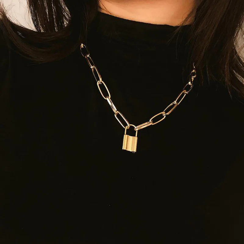 

Rock Choker Lock Necklace For Women Christmas Gift 2021 Punk Gold Chunky Chain Mujer Key Padlock Pendant Necklaces Party Jewelry