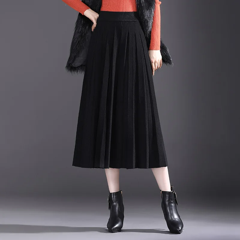 

Fashion Knitted Big Swing Black Pleated Skirt for Women Autumn Winter Elastic High Waist Loose Elegant Vintage Long Skirts 9121