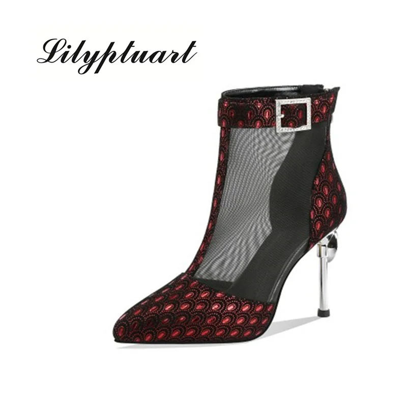 

2020 leather mesh women's hollow high heels fine heel mesh sandals women summer rhinestone plus size women's shoes sandals