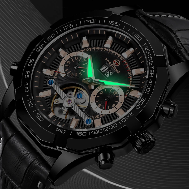 Модные мужские часы FORSINING Tourbillion с черным золотым волнистым циферблатом в