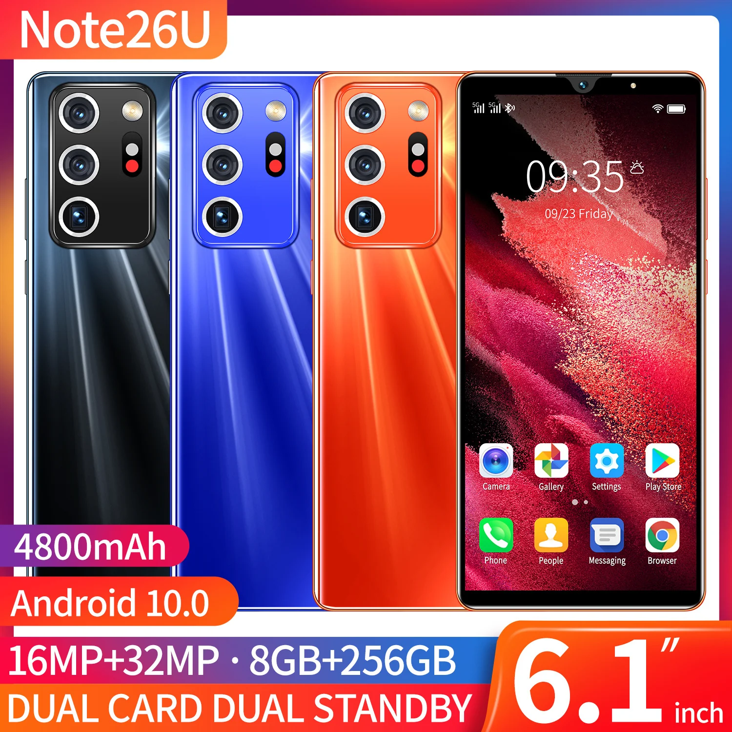 

Note26U Global 5G 6.1Inch Drop Screen 10Core 8+256GB Flash Memory 16+32MP Finger ID 4800mAh Battery Dual SIM Android10 Cellphone