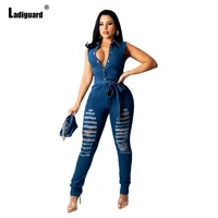 ladiguard sexy fashion jeans demin jumpsuits sleeveless notched women lace up shredded trousers 2021 sexy ripped demin overalls