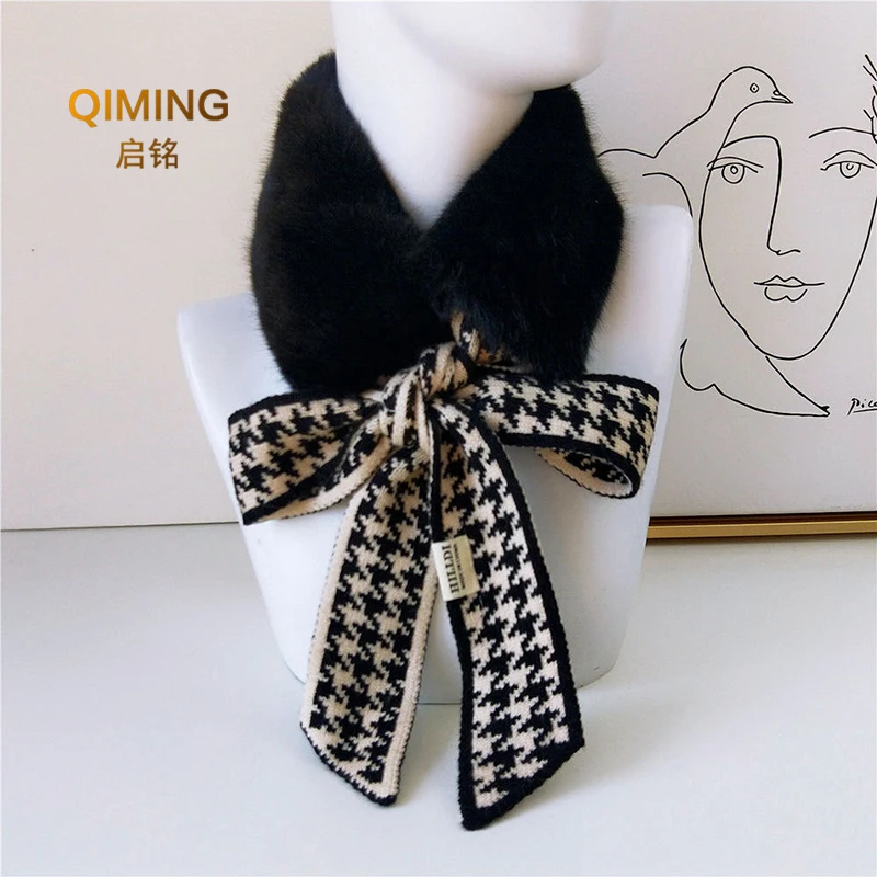 

New Autumn Winter Houndstooth Faux Fur Scarf Crochet Knitted Scarf Foulard Femme Faux Fur Collar Neck Warmer Scarves for Women