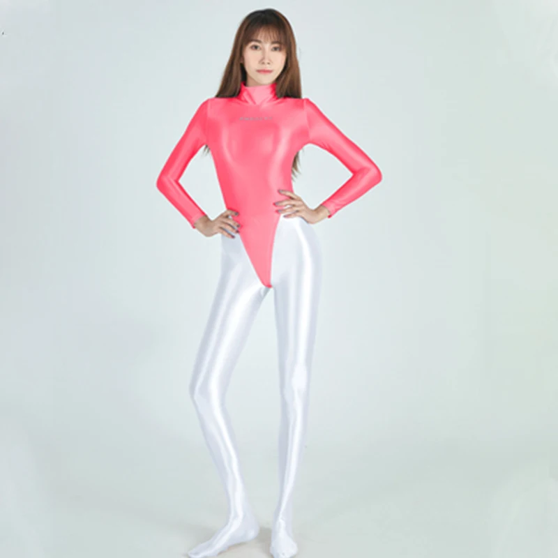 DROZENO 2021 new long-sleeved swimsuit women's gloss oily sexy tight-fitting stretch silky zipper T-shaped INS fitness suit