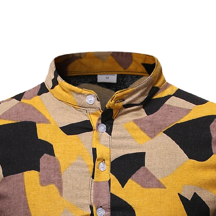 Мужская льняная рубашка с воротником стойкой желтая камуфляжная на пуговицах