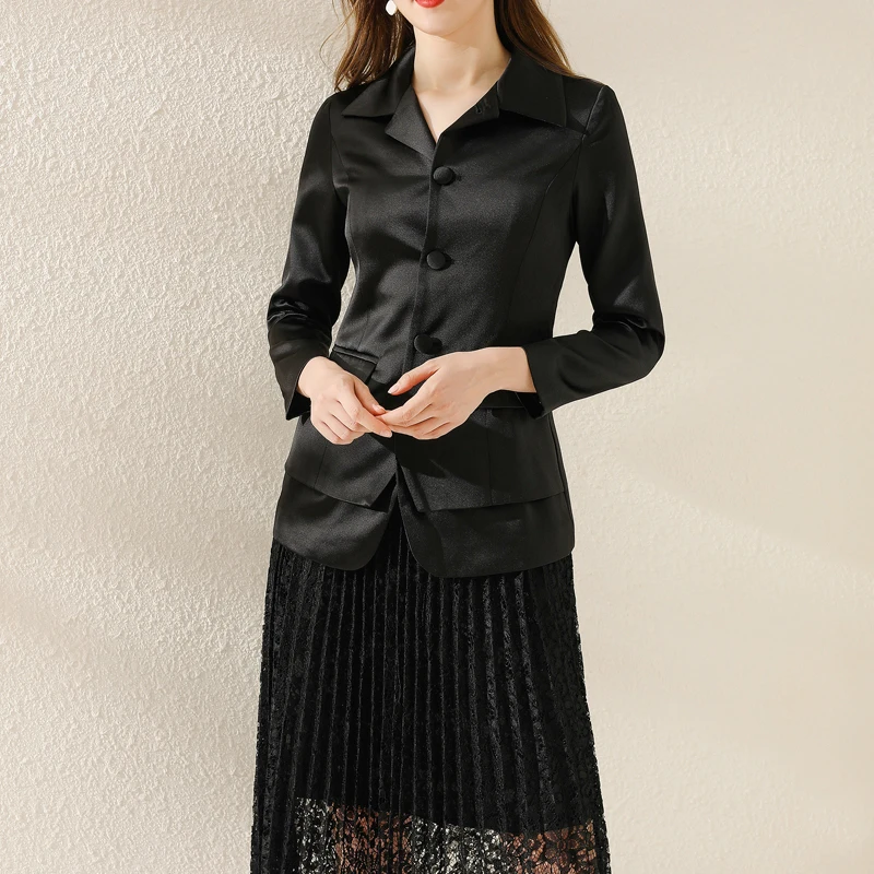 

2020 Autumn New Style Black Temperament Long-Sleeved Suit Jacket Sexy Lace Pleated Half Skirt Women'S Two-Piece Suit