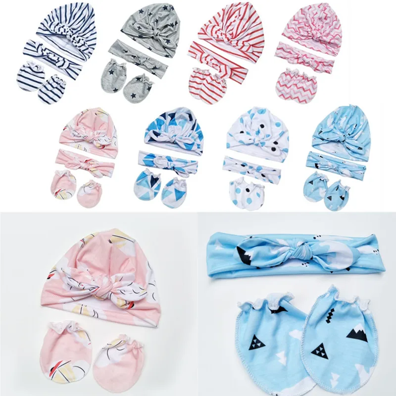 

Baby Anti-scratching Gloves Knotted Headband Baby Hat Set Newborn Mittens Hair Band Headwear Baby Bonnet Kit Baby Shower Gifts