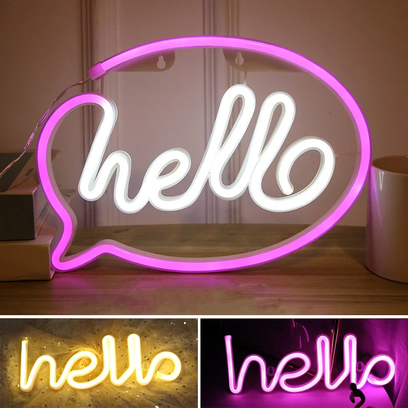 

Hello Neon Light LED Wall Lights Store Greeting Signs Home Decor Night Lamp Party Wedding Window Shop Battery & USB Powered