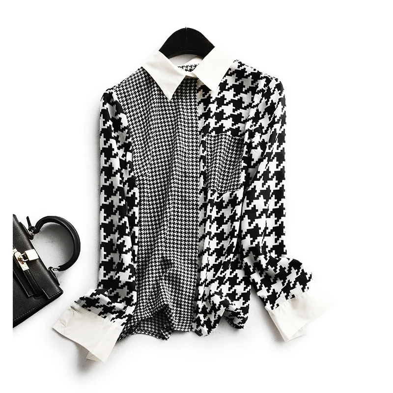 

SHUCHAN Asymmetry Print Button Down Shirt for Women 2021 High Street Women Top Stylish Female Blouses Long Sleeve Shirt
