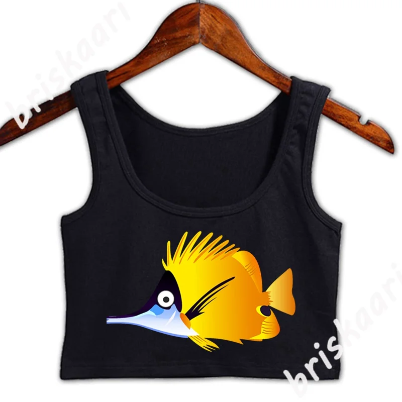 

Yellow Cartoon Fish Crop Top Girls Spring Vintage S-XXL Anti-Wrinkle Tops Designing Basic Solid Vest