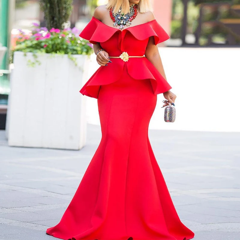 

MD 2021 New African Red Dress Elegant Women Ruffle Long Dress Off Shoulder Bodycon Sexy dresses Celebrate Party Ladies Clothes