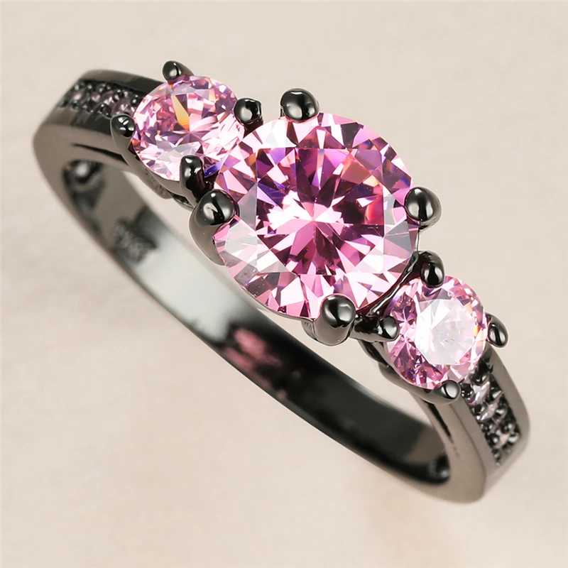 

Luxury Female Pink Crystal Stone Ring Charm 14KT Black Gold Thin Wedding Rings For Women Promise Round Zircon Engagement Ring