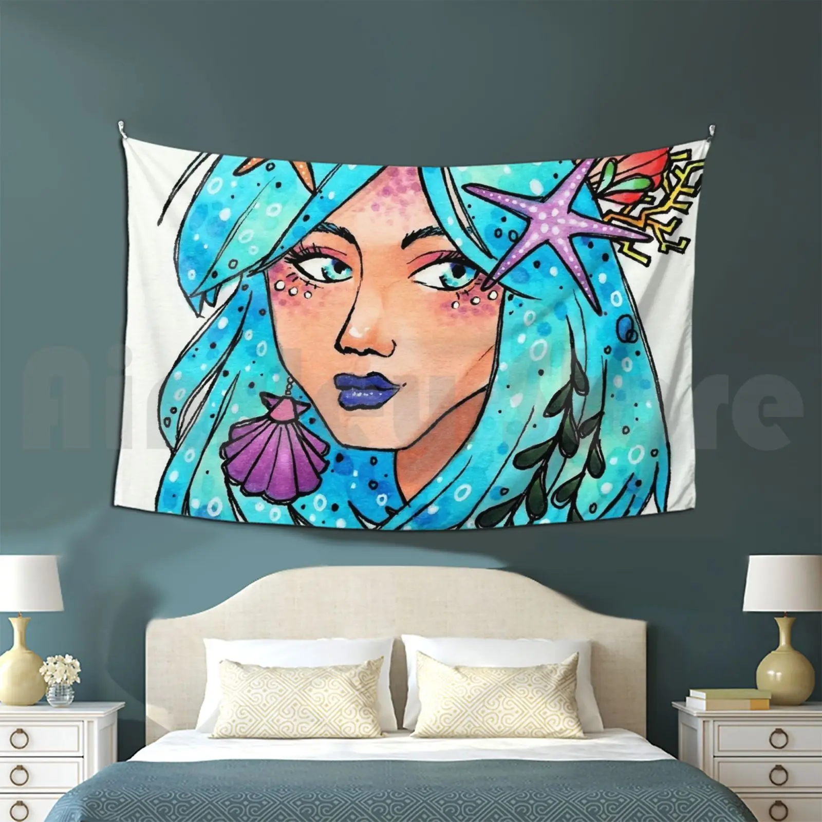 Ocean Vibes Tapestry Living Room Bedroom Water Ocean Sea Mermaid Girls Portrait Marker Copic Copicmarker Cute Oceanic