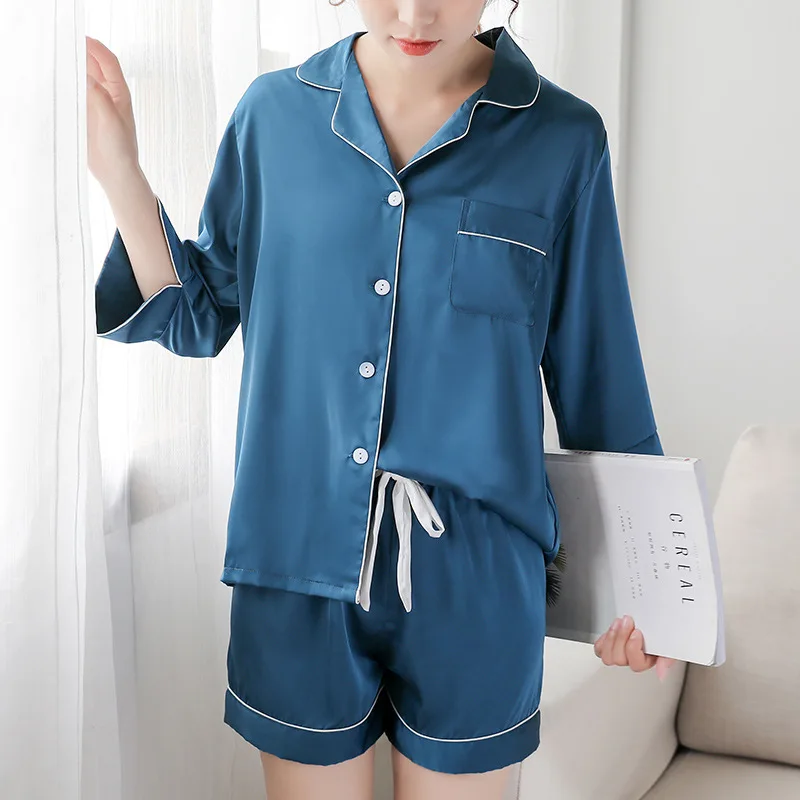 

Casual Kimono Bathrobe Gown Soft Intimate Lingerie Women Sleepwear 2PCS Pajamas Set Satin Shirt&Shorts Silky Nightwear Pijamas