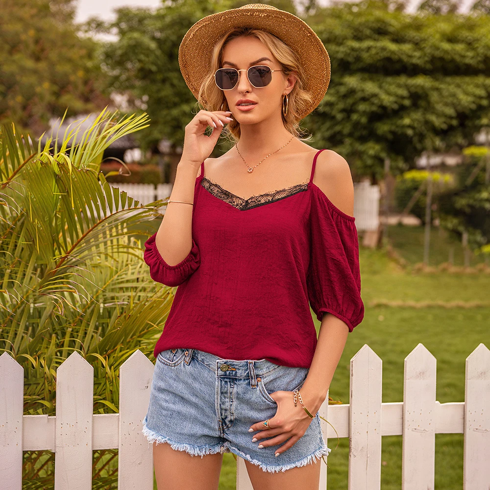 

Fashion Casual Women's Short-sleeved T Shirt 2021 Summer New Loose Solid Color Sexy Camisole Lace Hollow Oversized Tops Women