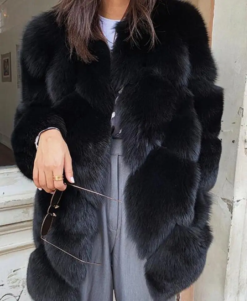 

Элегантное женское пальто из натурального Лисьего меха, черное средней длины, повседневное зимнее уличное меховое пальто, мягкая 100% Искусс...